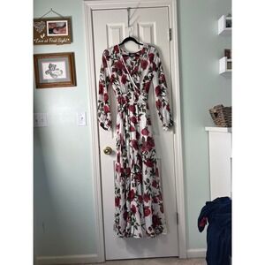 The Moon Red Rose Floral Print Striped Chiffon Wrap Maxi Dress Long Slv  Medium